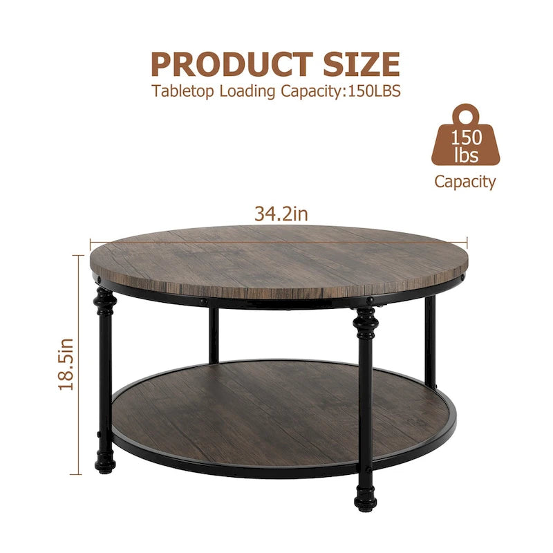 Round Coffee Table Living Room Rustic Circle Center Table with Storage Shelf