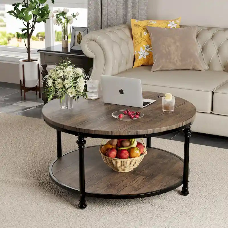 Round Coffee Table Living Room Rustic Circle Center Table with Storage Shelf