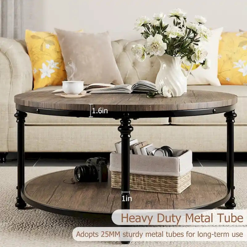 Round Coffee Table Living Room Rustic Circle Center Table with Storage Shelf
