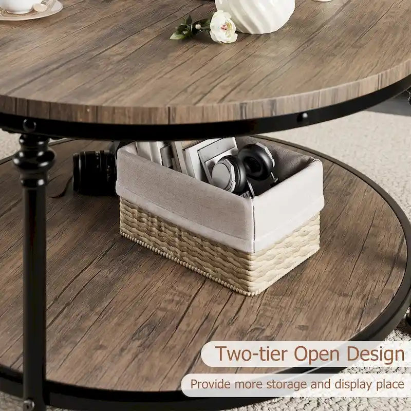 Round Coffee Table Living Room Rustic Circle Center Table with Storage Shelf
