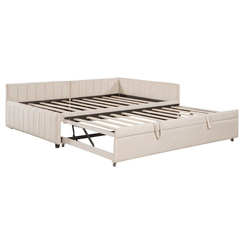 Upholstered Daybed with Twin Size Pop Up Trundle, Full Size Daybed Frame Sofa Bed with L-Shaped Backrest and Striped Design