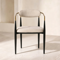 23 Inch Dining Chair, Light Gray Polyester, Black Iron Legs, Gold Armrests