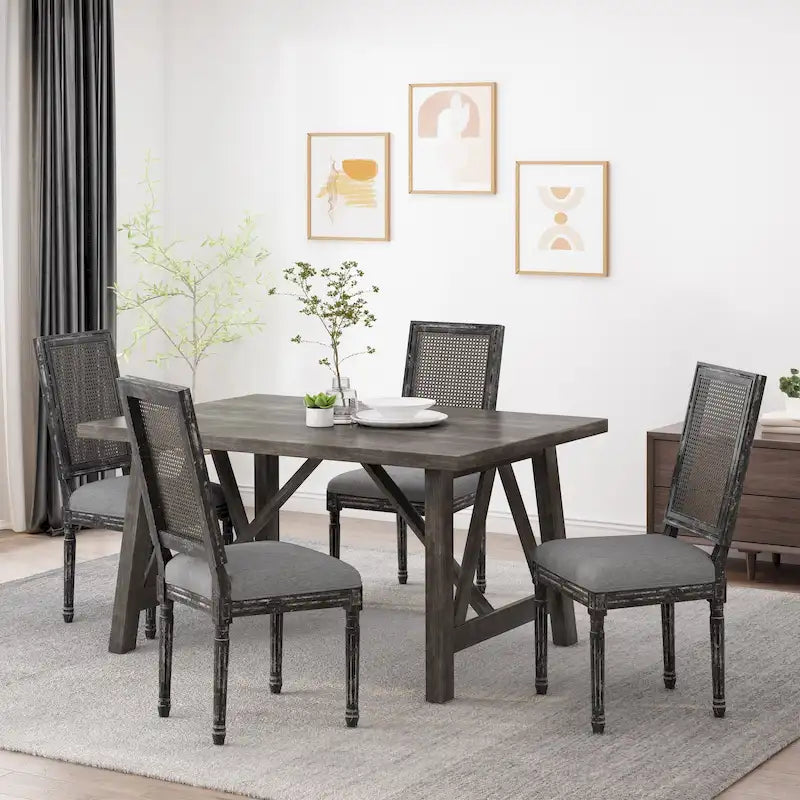 Wood and Cane Upholstered Dining Chair, Set of 4