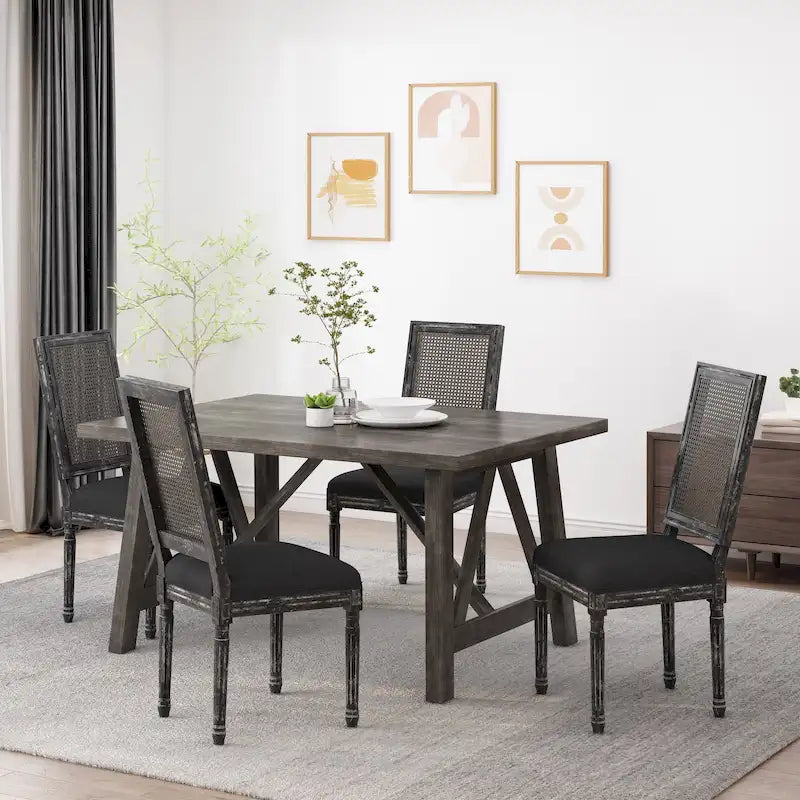 Wood and Cane Upholstered Dining Chair, Set of 4