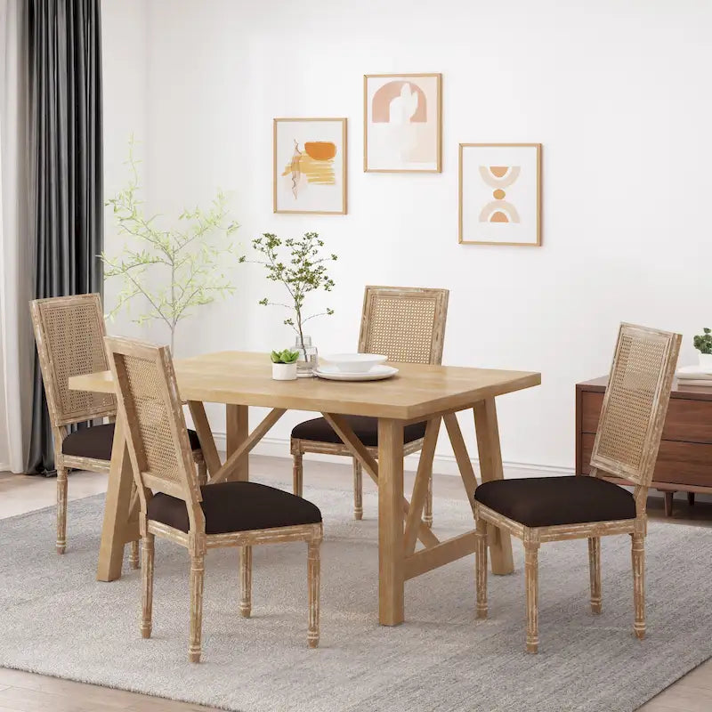 Wood and Cane Upholstered Dining Chair, Set of 4