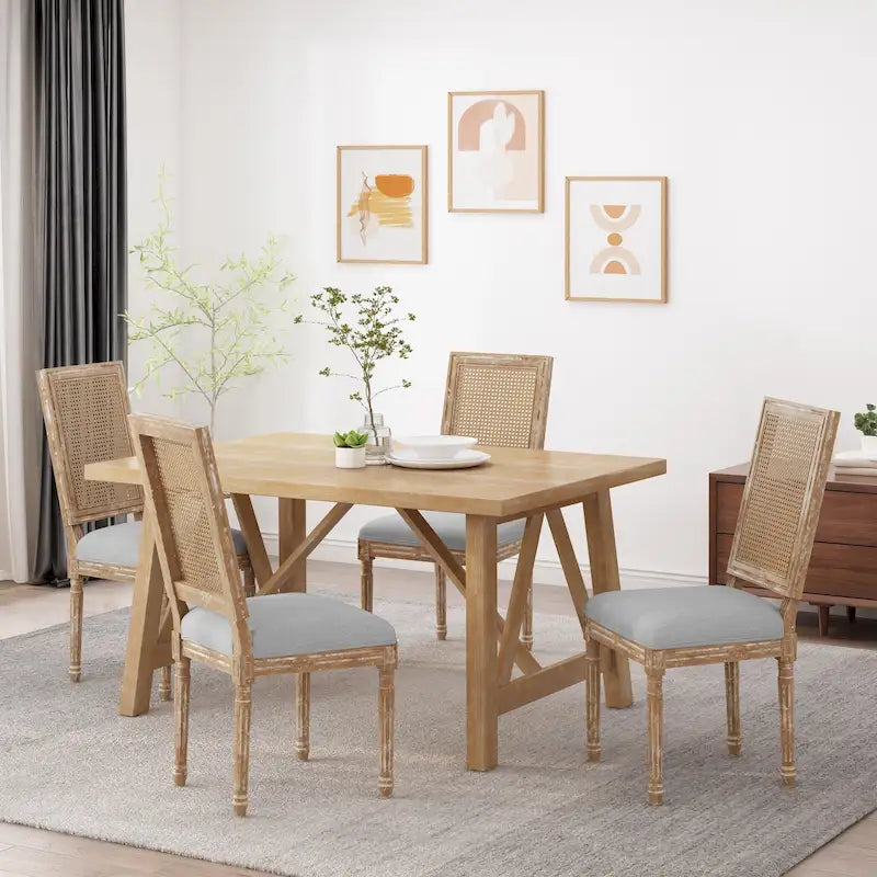 Wood and Cane Upholstered Dining Chair, Set of 4