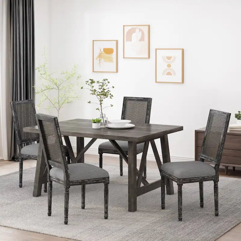 Wood and Cane Upholstered Dining Chair, Set of 4
