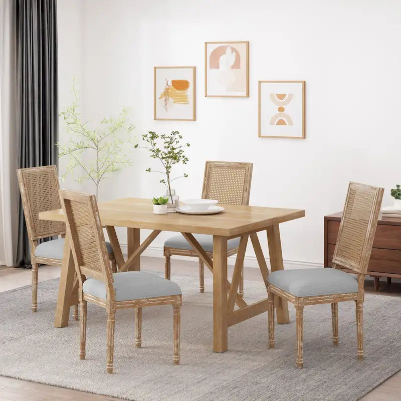 Wood and Cane Upholstered Dining Chair, Set of 4