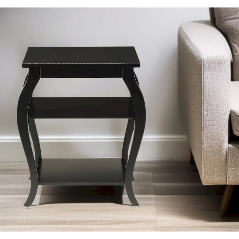 23" Black Wood Bow Leg End Table with Two Shelves - 20W x 18D x 23H