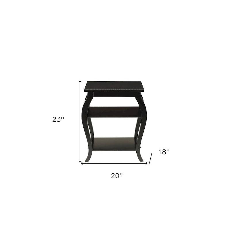 23" Black Wood Bow Leg End Table with Two Shelves - 20W x 18D x 23H