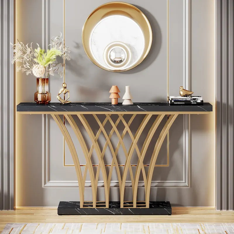 59 Inch Console Table, Gold and White Faux Marble Entryway Table