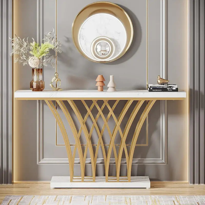 59 Inch Console Table, Gold and White Faux Marble Entryway Table