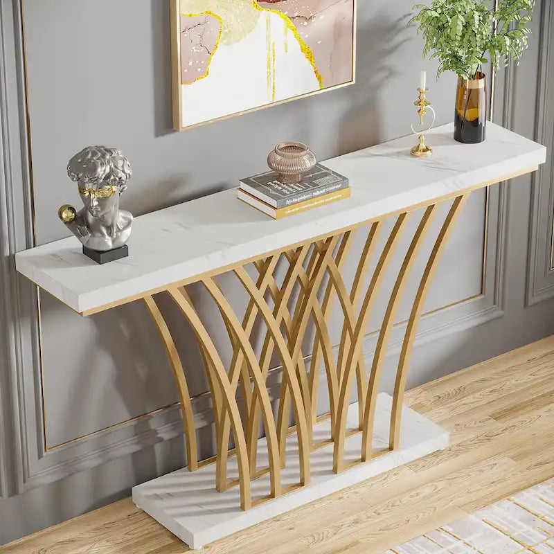 59 Inch Console Table, Gold and White Faux Marble Entryway Table