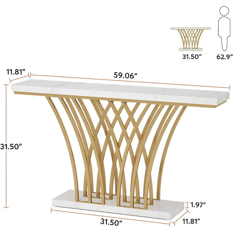 59 Inch Console Table, Gold and White Faux Marble Entryway Table