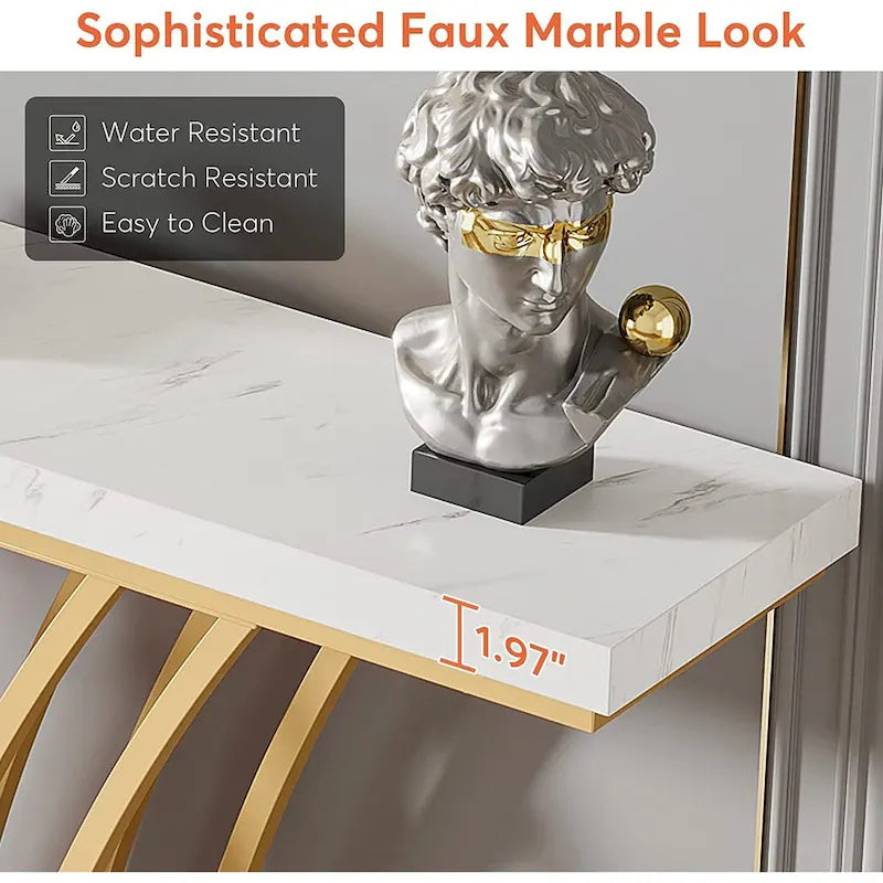 59 Inch Console Table, Gold and White Faux Marble Entryway Table