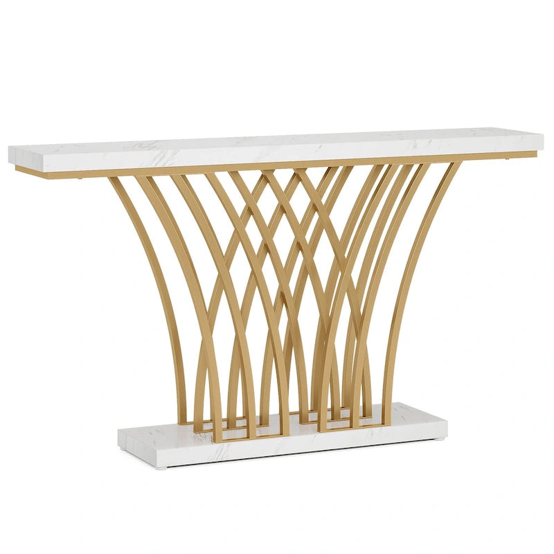 59 Inch Console Table, Gold and White Faux Marble Entryway Table
