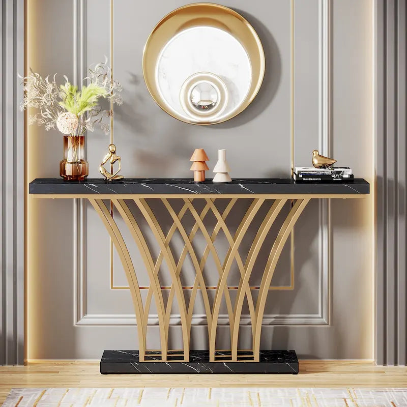 59 Inch Console Table, Gold and White Faux Marble Entryway Table