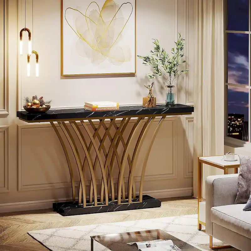 59 Inch Console Table, Gold and White Faux Marble Entryway Table