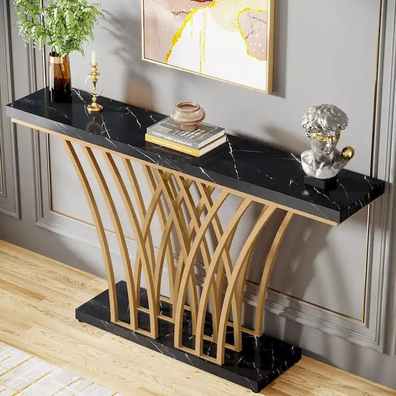 59 Inch Console Table, Gold and White Faux Marble Entryway Table