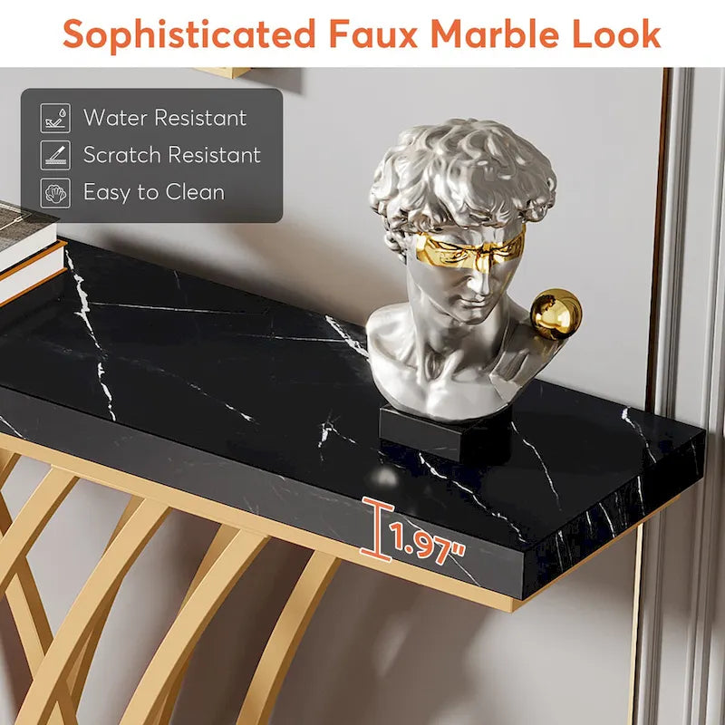59 Inch Console Table, Gold and White Faux Marble Entryway Table