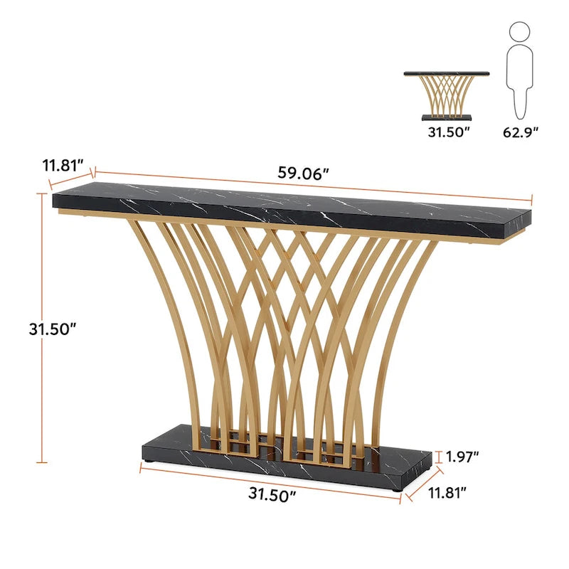59 Inch Console Table, Gold and White Faux Marble Entryway Table