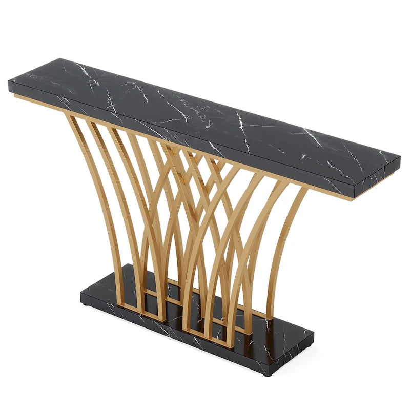 59 Inch Console Table, Gold and White Faux Marble Entryway Table