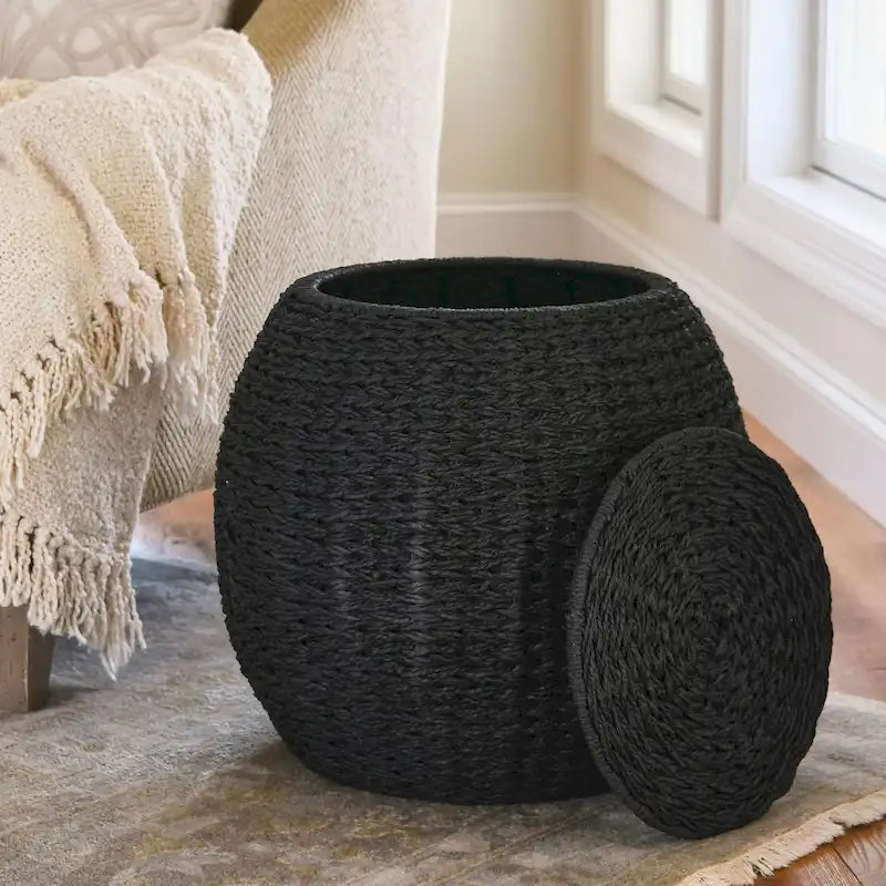 Handwoven Barrel Wicker Storage Basket Side Table - 17x17x19