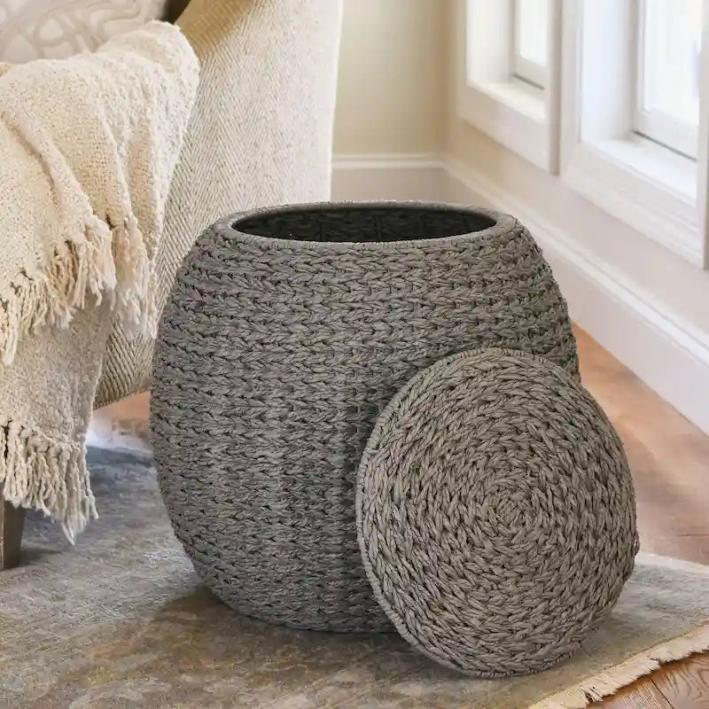 Handwoven Barrel Wicker Storage Basket Side Table - 17x17x19