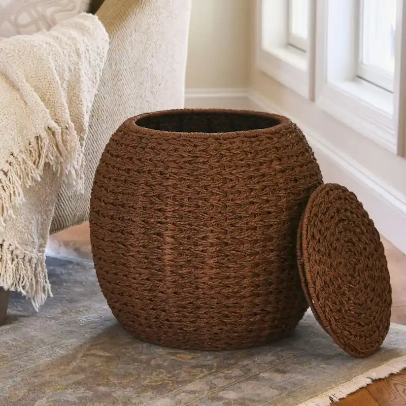 Handwoven Barrel Wicker Storage Basket Side Table - 17x17x19