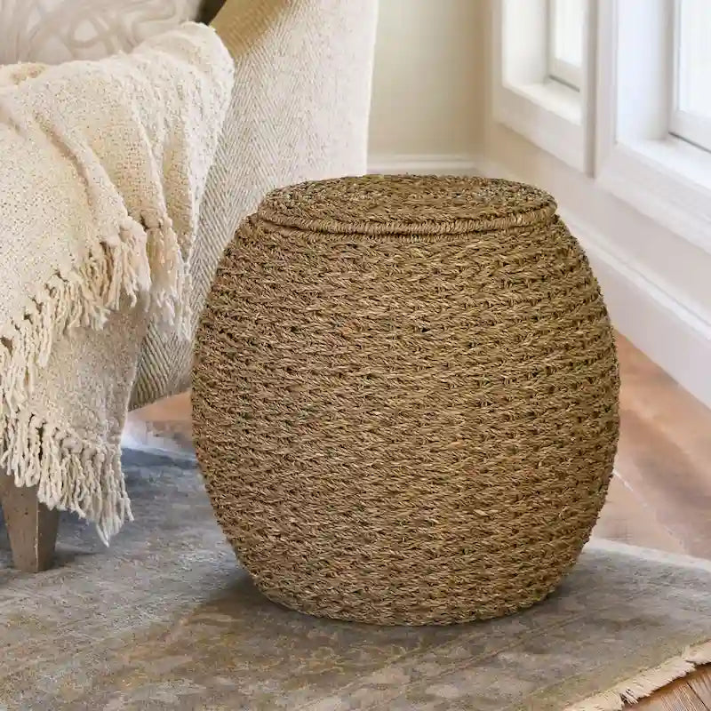Handwoven Barrel Wicker Storage Basket Side Table - 17x17x19