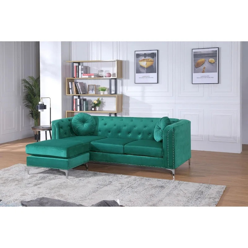 Velvet Button Tufted Sofa with Reversible Chaise