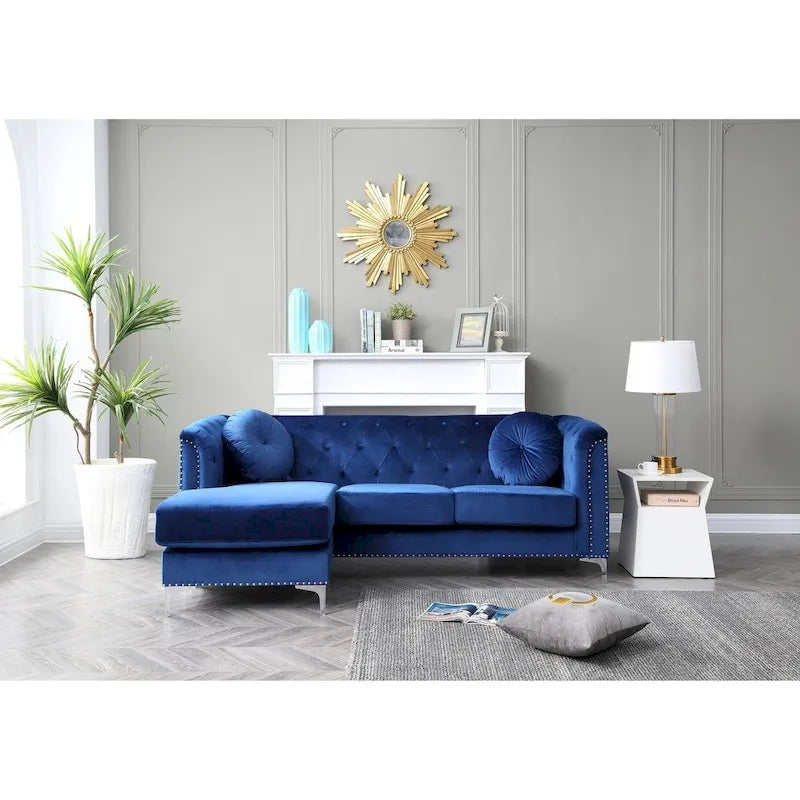 Velvet Button Tufted Sofa with Reversible Chaise