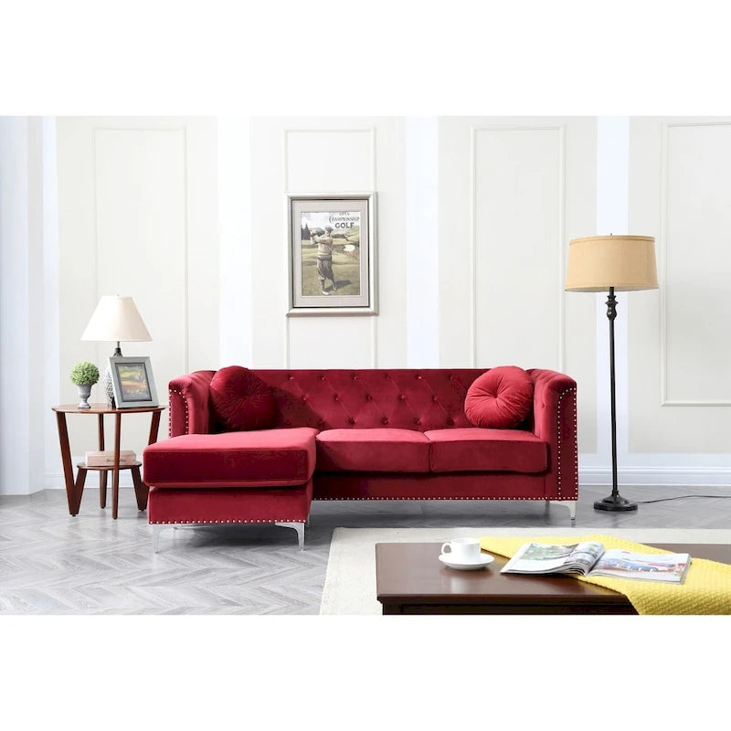 Velvet Button Tufted Sofa with Reversible Chaise