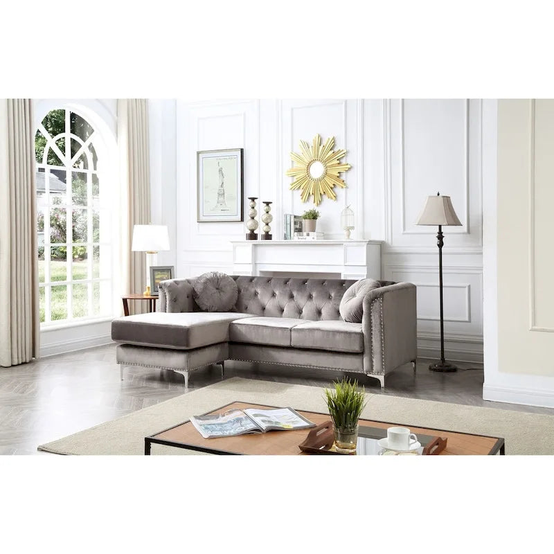 Velvet Button Tufted Sofa with Reversible Chaise