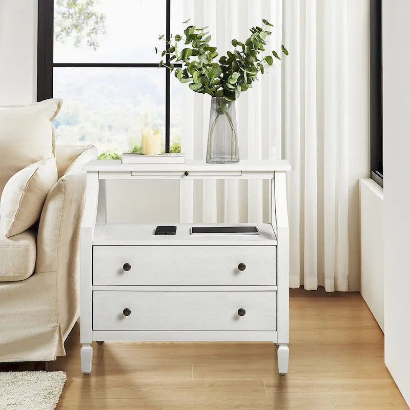2-Drawer Nightstand with Built-In Outlets and Pull-out Tray