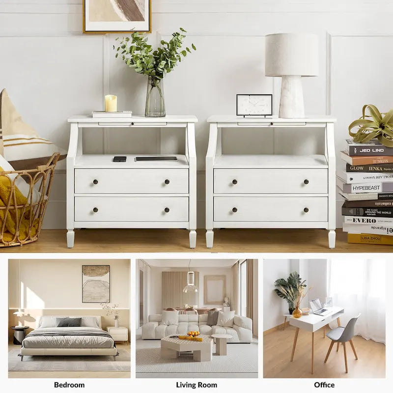 2-Drawer Nightstand with Built-In Outlets and Pull-out Tray
