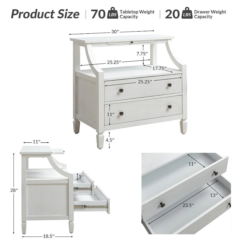 2-Drawer Nightstand with Built-In Outlets and Pull-out Tray