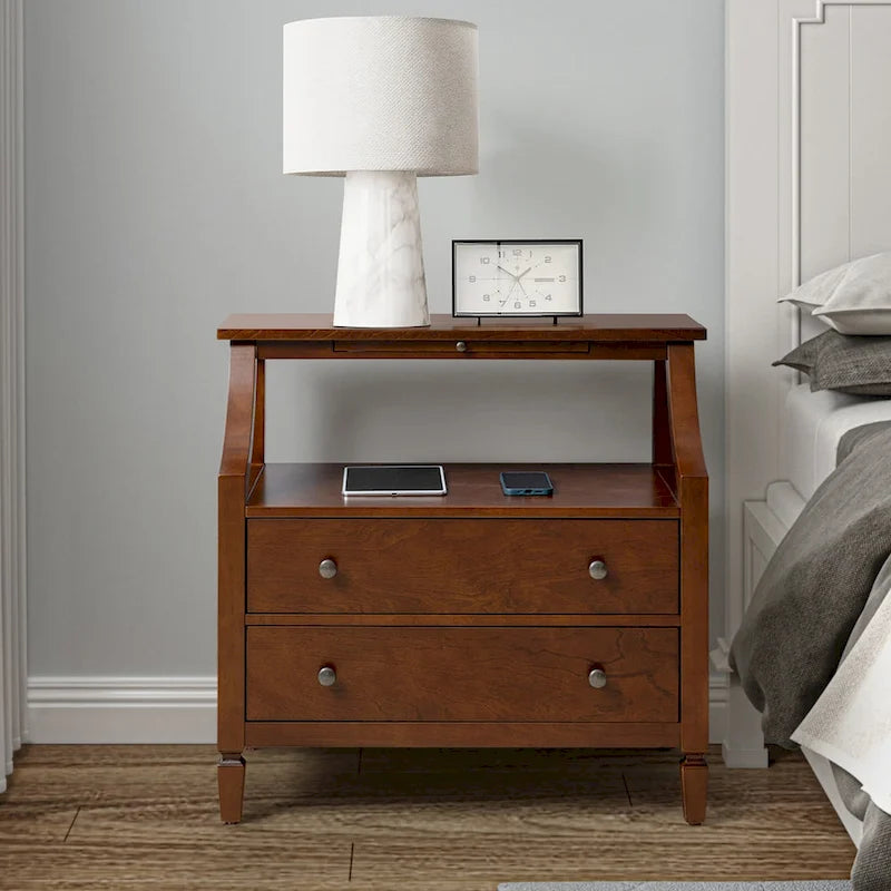 2-Drawer Nightstand with Built-In Outlets and Pull-out Tray