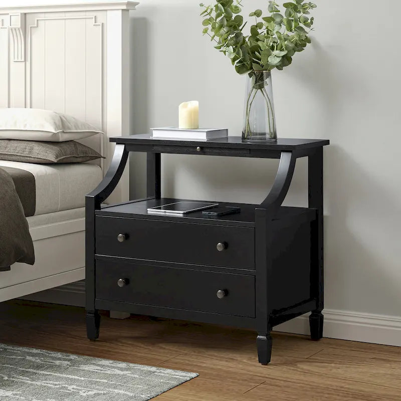 2-Drawer Nightstand with Built-In Outlets and Pull-out Tray