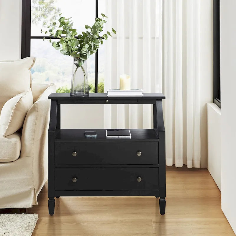2-Drawer Nightstand with Built-In Outlets and Pull-out Tray