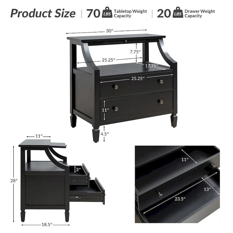 2-Drawer Nightstand with Built-In Outlets and Pull-out Tray