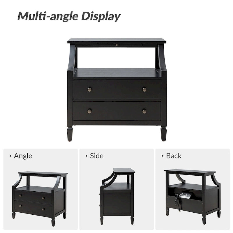 2-Drawer Nightstand with Built-In Outlets and Pull-out Tray