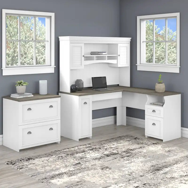 Fairview L-Shaped Desk with Hutch and File Cabinet
