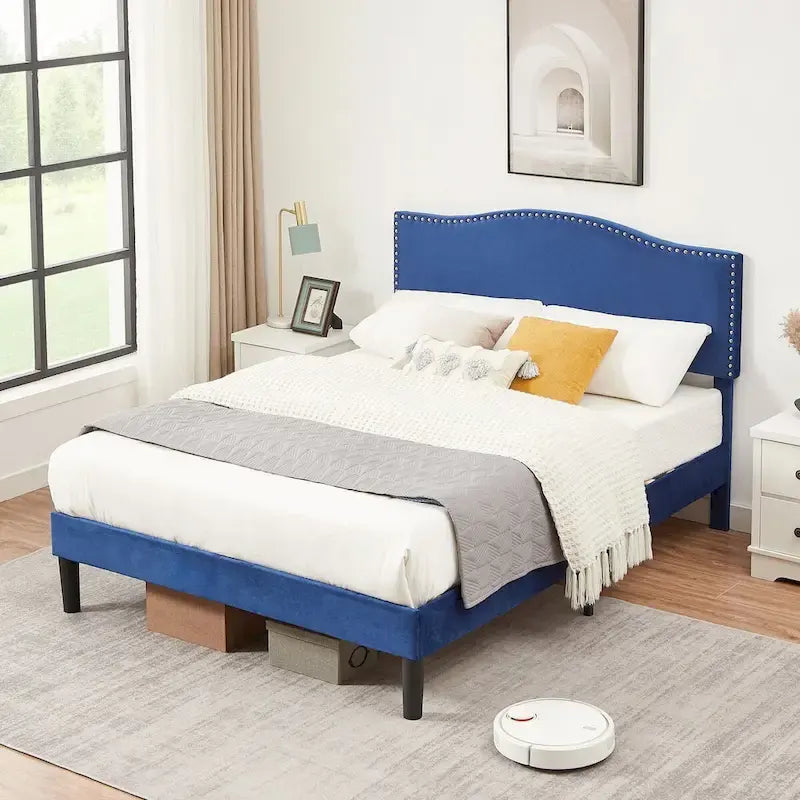 Upholstered Platform Bed Frame with Nailhead Headboard - Twin/Full/Queen, Blue
