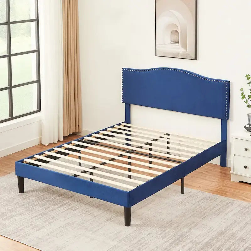 Upholstered Platform Bed Frame with Nailhead Headboard - Twin/Full/Queen, Blue