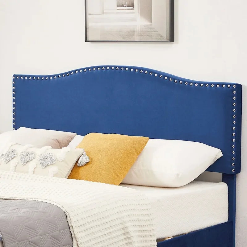 Upholstered Platform Bed Frame with Nailhead Headboard - Twin/Full/Queen, Blue