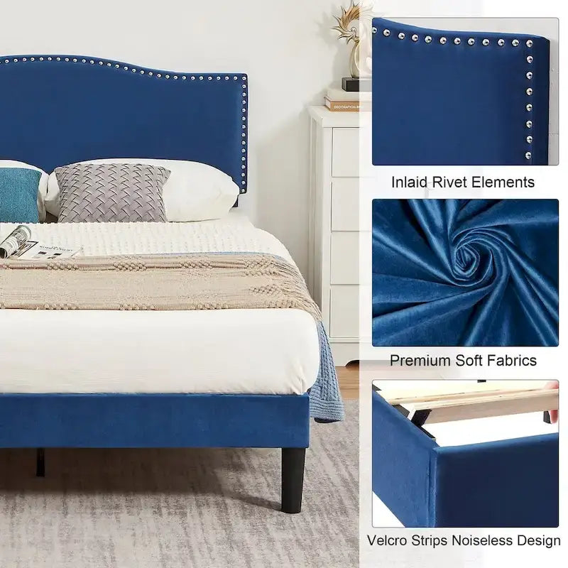 Upholstered Platform Bed Frame with Nailhead Headboard - Twin/Full/Queen, Blue