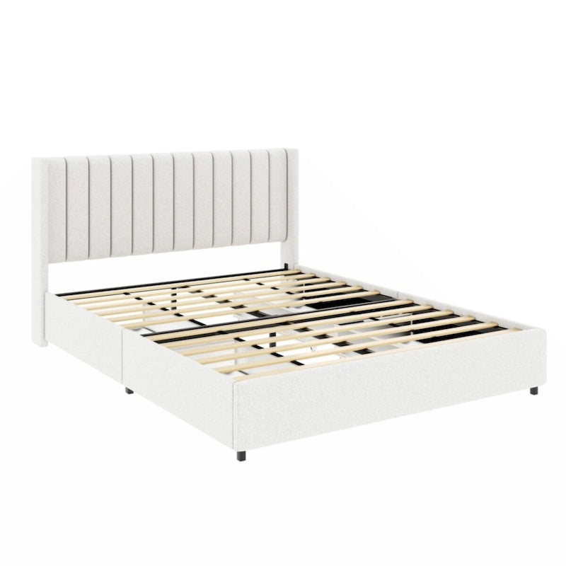 Ivory Upholstered Platform Bed with 4 Drawers Storage, Queen Size