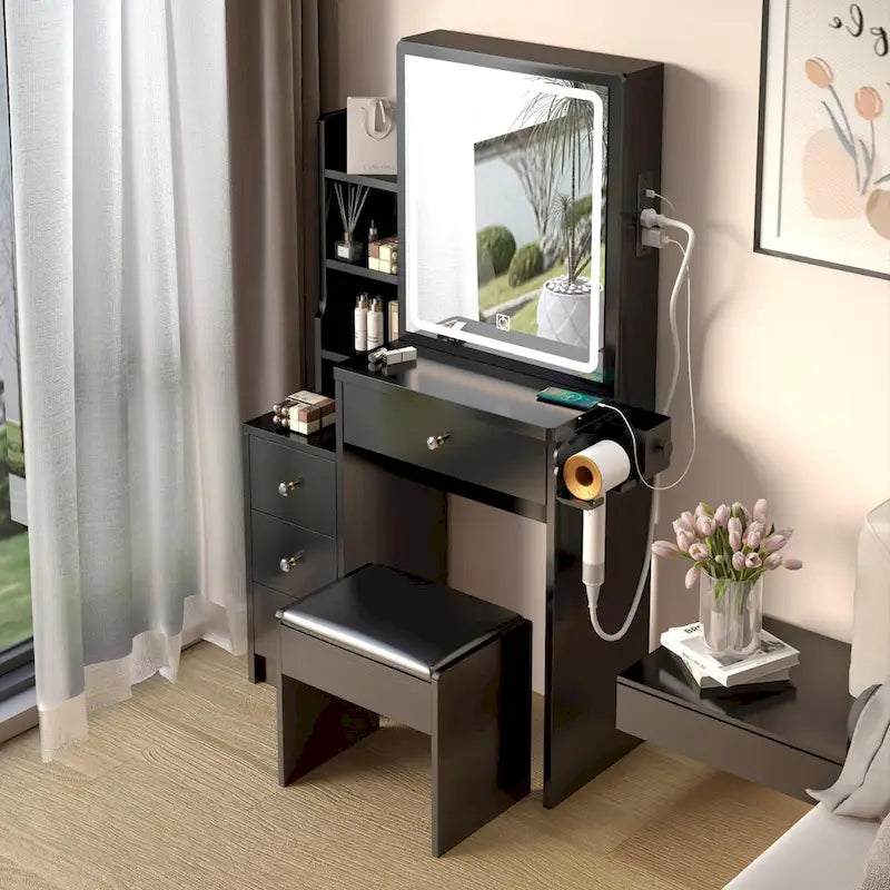 Left Cabinet Makeup Vanity with LED Mirror and USB Power Station and Cushioned Stool