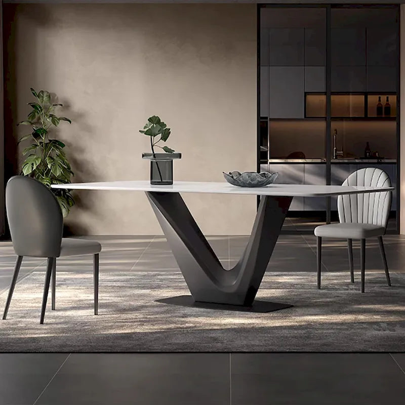 71" Modern Rectangular White Dining Table for 6, Black Carbon Steel Legs